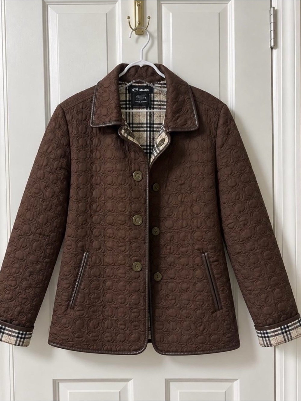 E Studio Quilted Pea Coat with Plaid Lining
